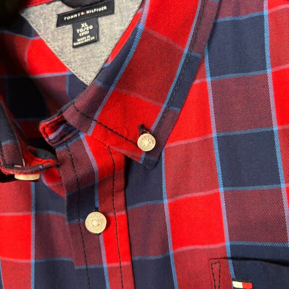 Tommy Hilfiger Plaid Dress Shirt XL 20 Blue Red Plaid Button Down Collar - Picture 6 of 6